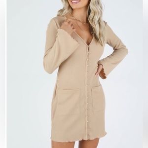 Kittenish Tan Button Down Mini Dress